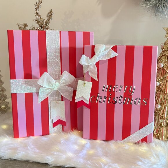 Shabby Chic Pink Red Christmas Stripe Set 2 Holiday Gift Boxes Ribbon & Tags - Picture 2 of 4